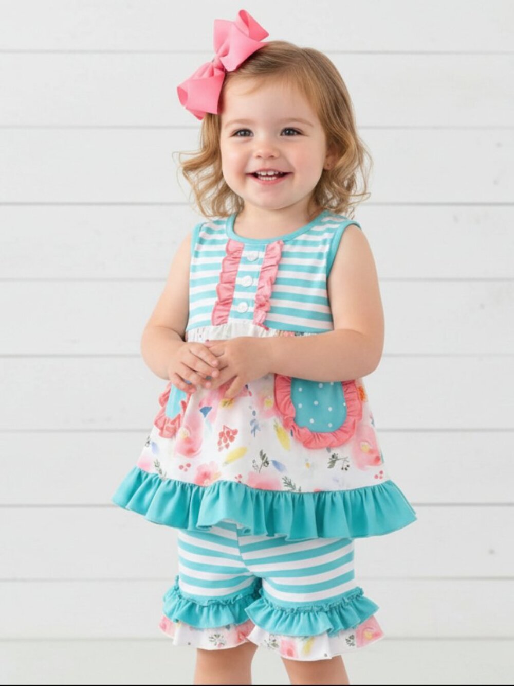 Aqua Blue Flower Ruffle Short Set, NWT
